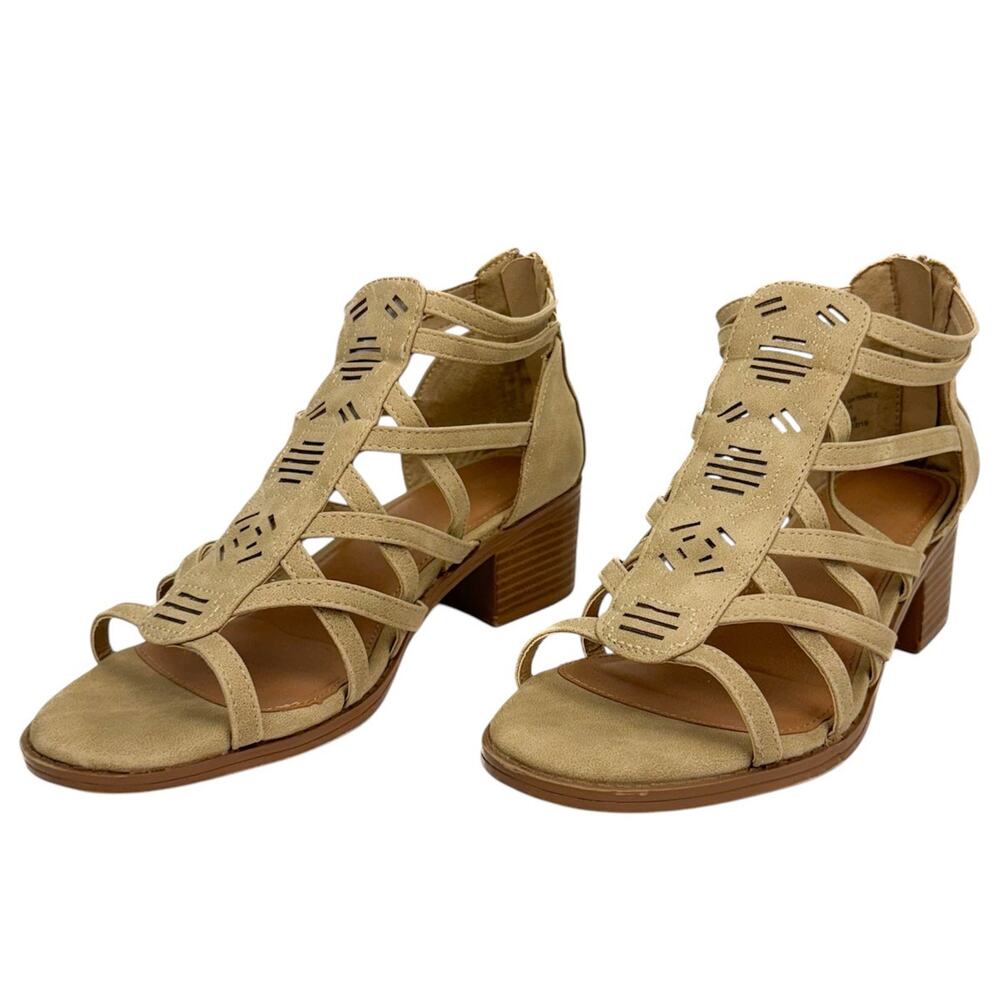 Justice Tan Western Faux Leather Metallic Strappy Block Low Heel Sandals 8 Girls